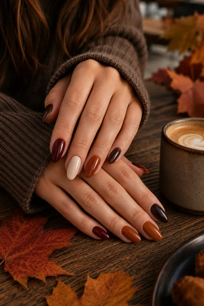 25 Fall Nail Design Ideas to Try in Fall 2026 Fall nail design ideas featuring brown, burgundy, caramel and cream nails