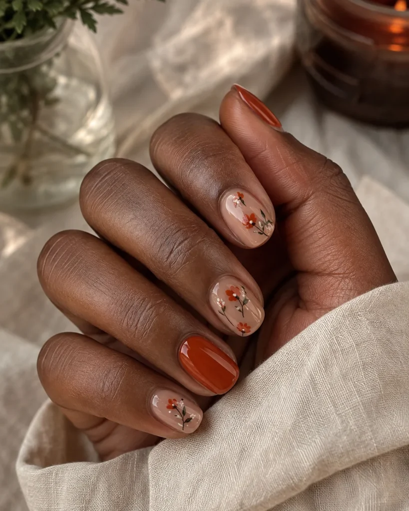 19+ Burnt Orange Nail Designs for a Rich, Modern Manicure Floral burnt orange nail designs with cream flowers and olive stems