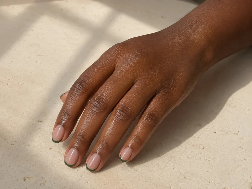 17+ Summer to Fall Transition Nails for the Perfect Seasonal Balance Sheer nude nails with thin forest-green micro-French tips
