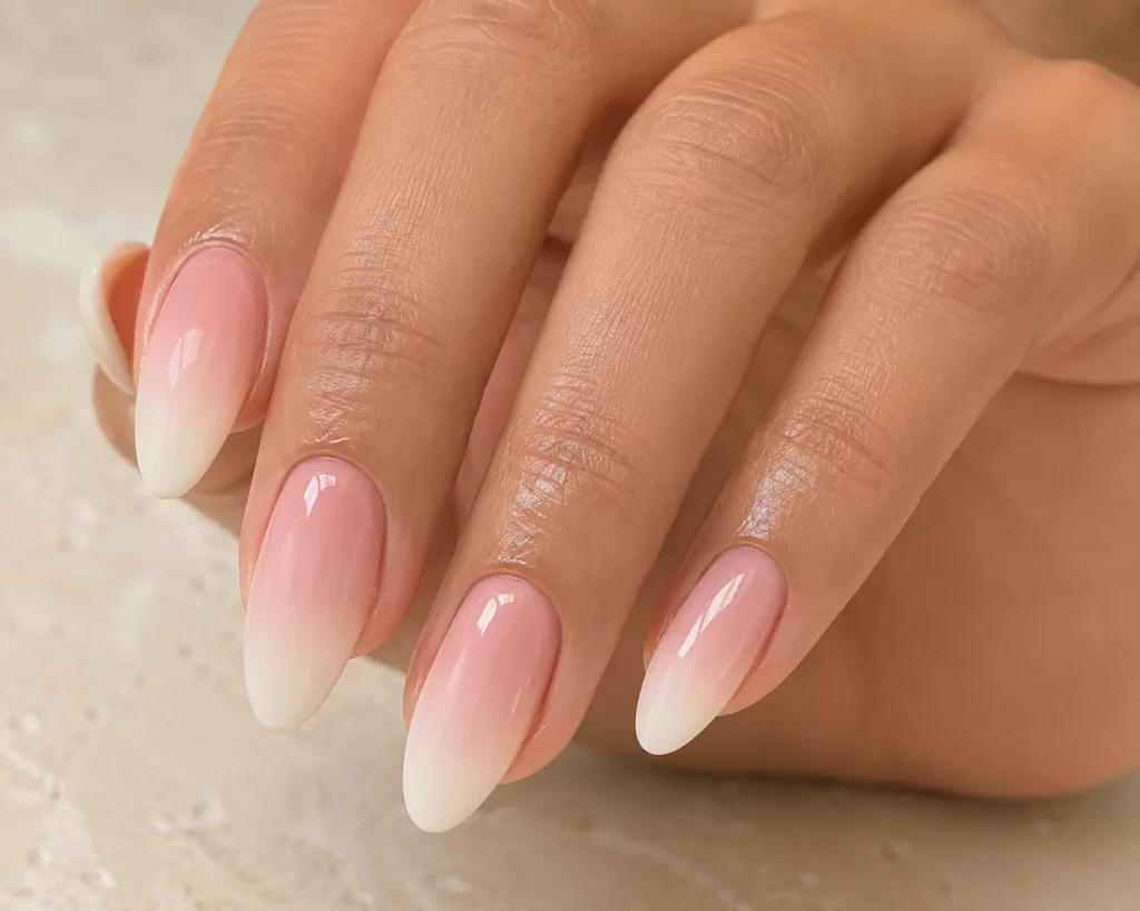 17+ Old Money Nails That Make Quiet Luxury Look Effortless Soft almond nails with a blush-to-ivory French ombré design.