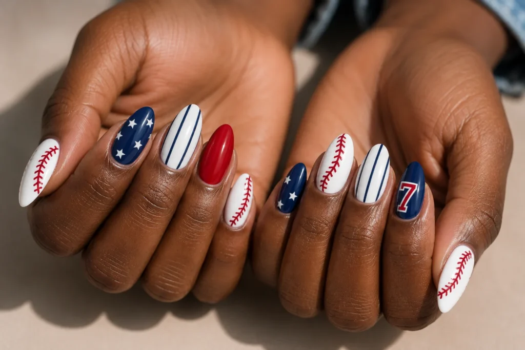 Full baseball game-day manicure with red, white and navy nail art