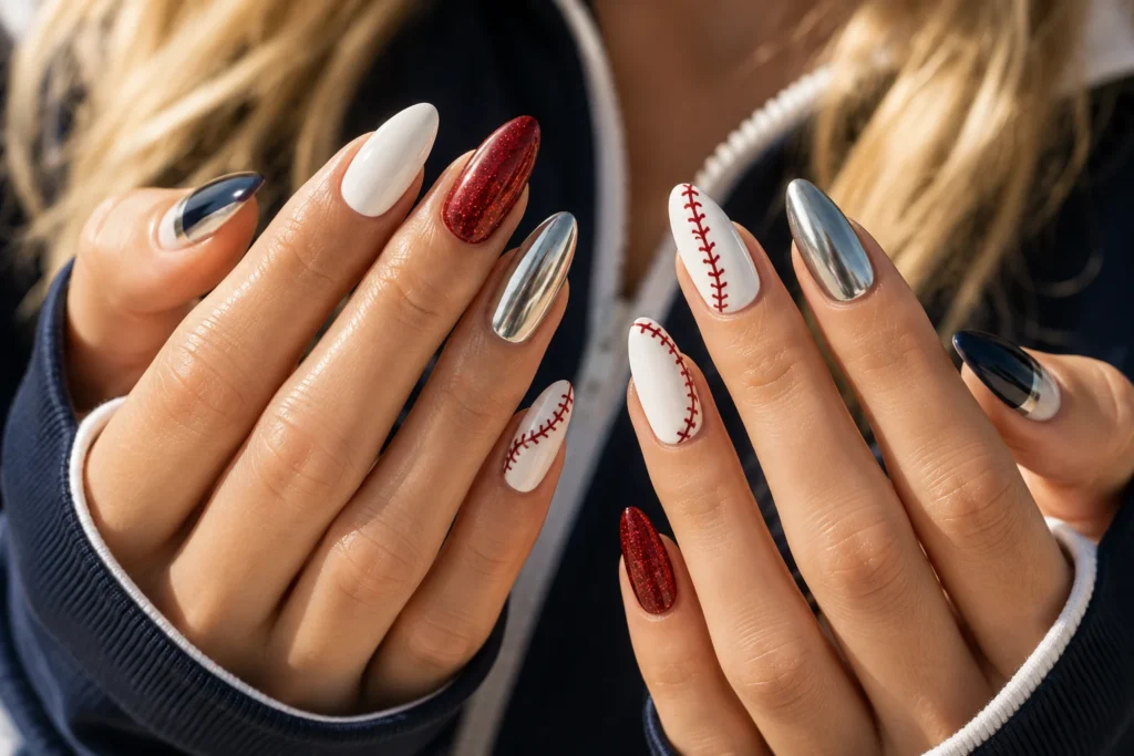 Glamorous baseball manicure with red glitter, white nails and baseball stitching