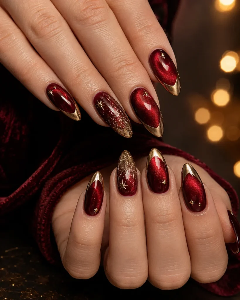 25 Christmas Nail Design That Feel Festive, Chic, and Beautiful Glamorous Christmas nails with red velvet, glitter and gold chrome
