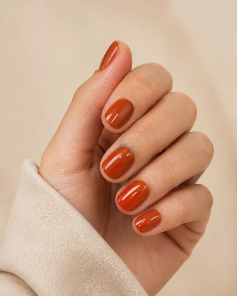 19+ Burnt Orange Nail Designs for a Rich, Modern Manicure Short squoval nails painted in a glossy burnt orange terracotta crème.
