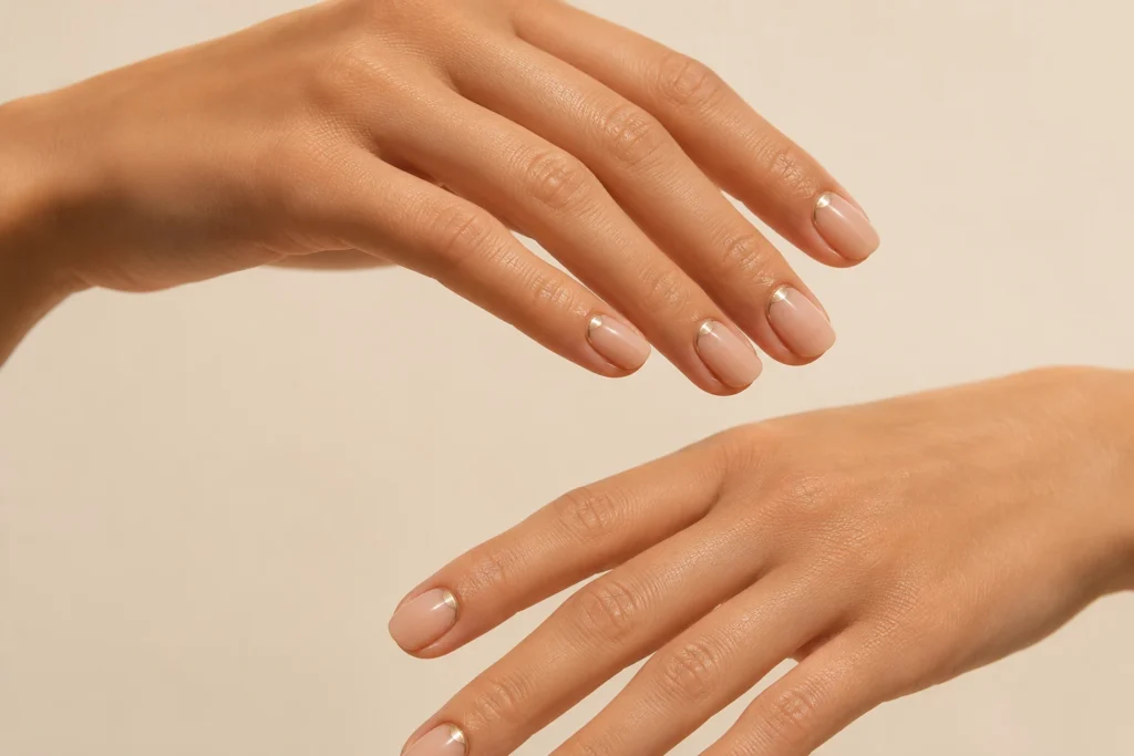 17+ Wedding Nails That Feel Elegant, Personal and Picture-Perfect Minimal wedding nails with fine champagne-gold cuticle lines