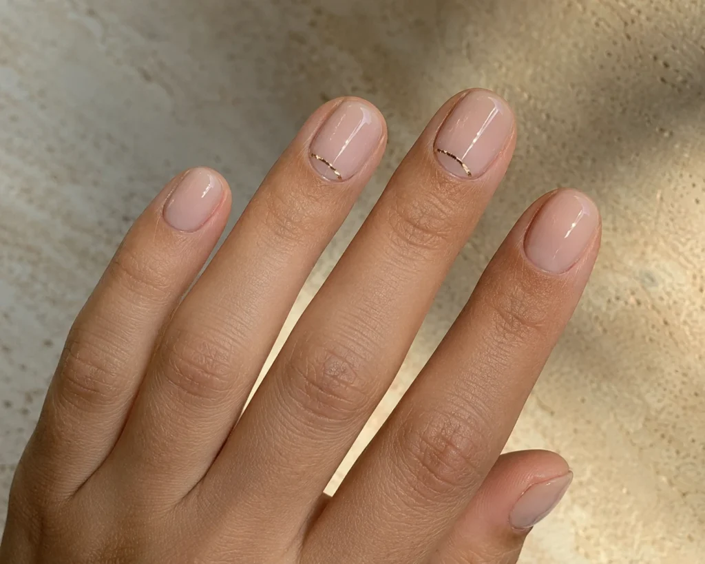 17+ Old Money Nails That Make Quiet Luxury Look Effortless Nude oval nails with fine champagne-gold lines near the cuticles.
