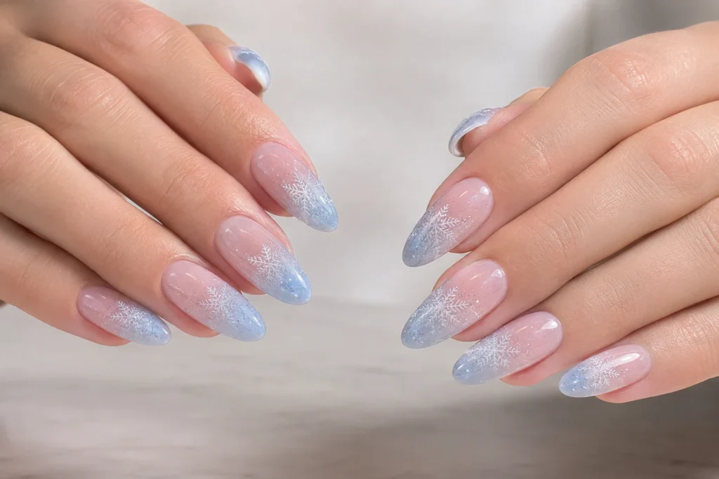 Icy-blue ombré almond nails with white snowflakes and silver glitter