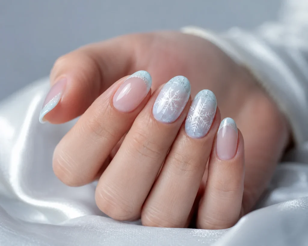 17+ Wedding Nails That Feel Elegant, Personal and Picture-Perfect Icy blue winter wedding nails with delicate white snowflakes