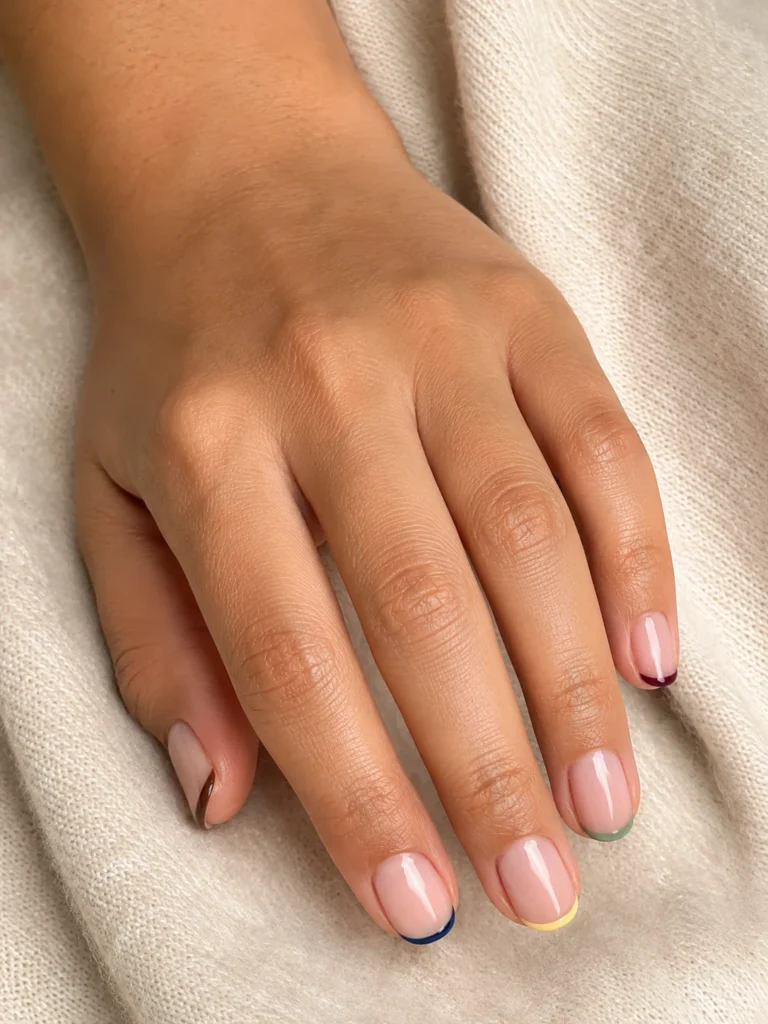 19+ Latest Nail Trends for 2026: Colors, Shapes, Designs and Stunning Ideas to Try Short nude nails with thin colorful micro-French tips