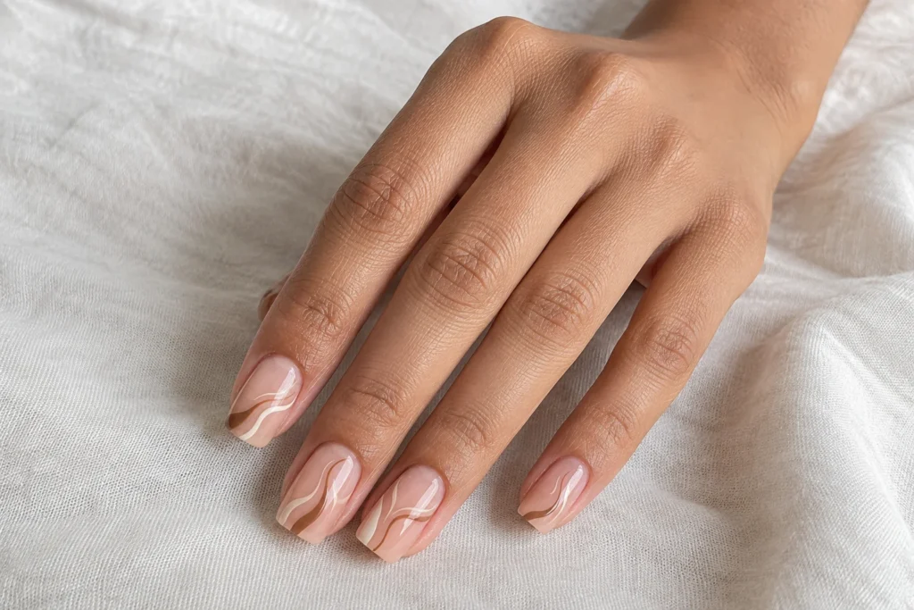 17+ Summer to Fall Transition Nails for the Perfect Seasonal Balance Cream and latte-brown swirl nails with negative space