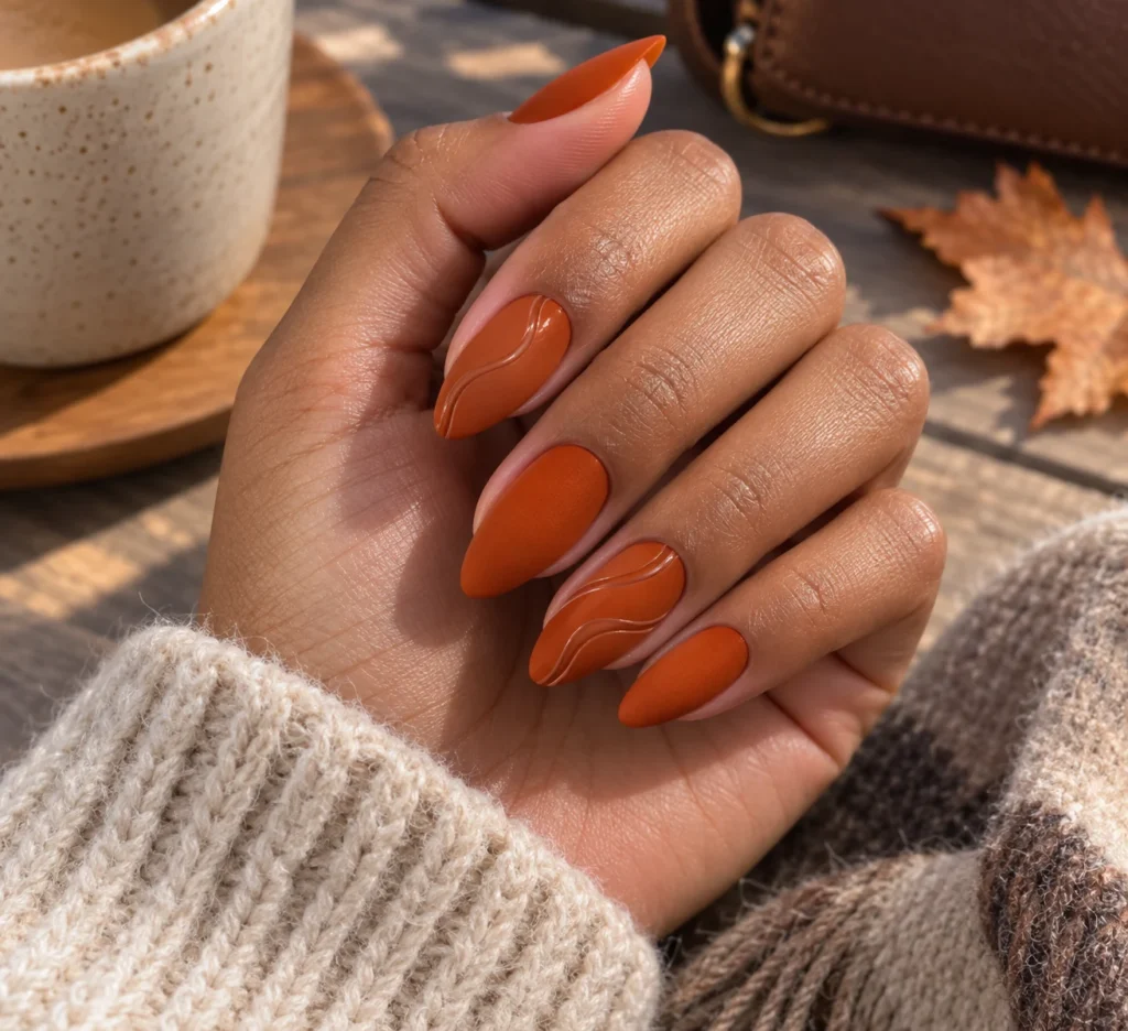 19+ Burnt Orange Nail Designs for a Rich, Modern Manicure Matte burnt orange nail designs with glossy tonal swirls