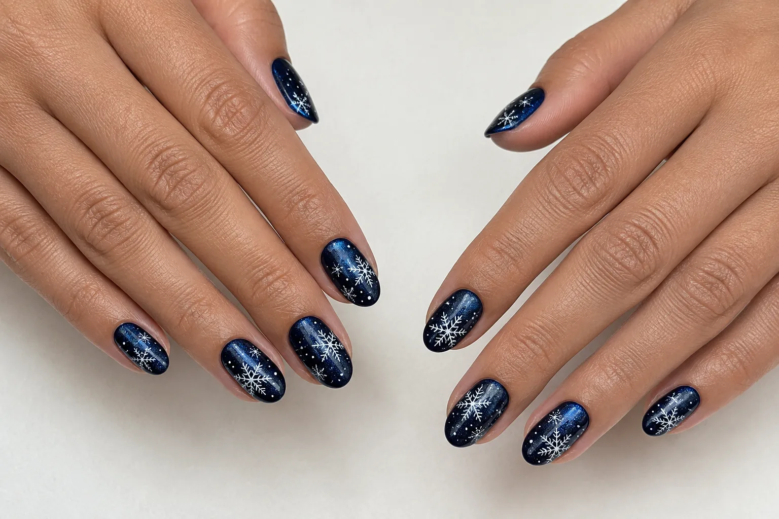 our-services-03 Midnight-blue winter nails with white snowflakes and silver snowfall