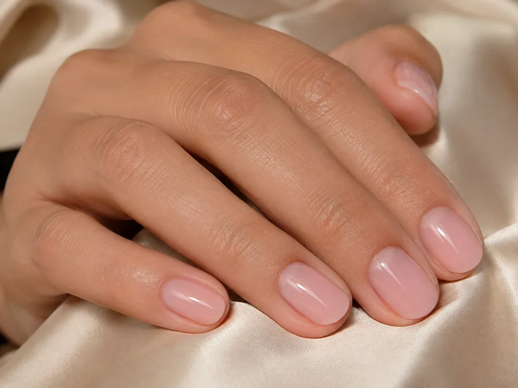 17+ Old Money Nails That Make Quiet Luxury Look Effortless Glossy milky pink old money nails on a short oval shape.