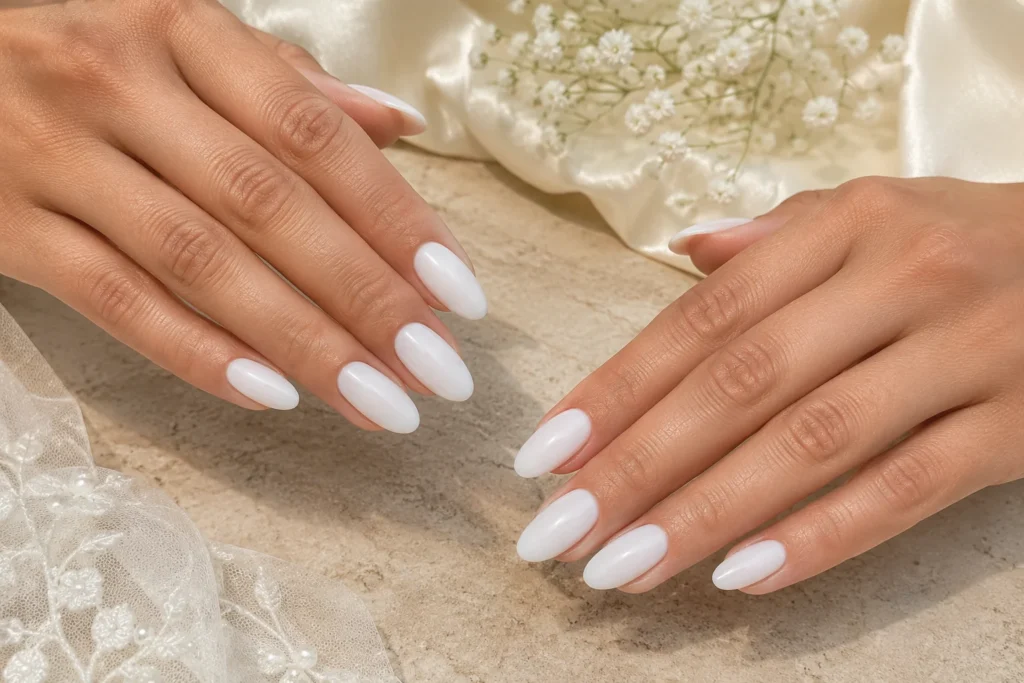17+ Wedding Nails That Feel Elegant, Personal and Picture-Perfect Milky white wedding nails in a medium almond shape