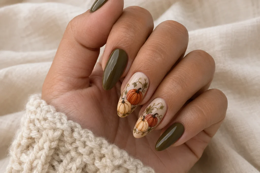 19+ Pumpkin Nails for a Chic and Playful Fall Manicure miniature pumpkin patch nails