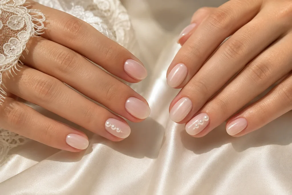 17+ Wedding Nails That Feel Elegant, Personal and Picture-Perfect Milky blush wedding nails with miniature pearl accents