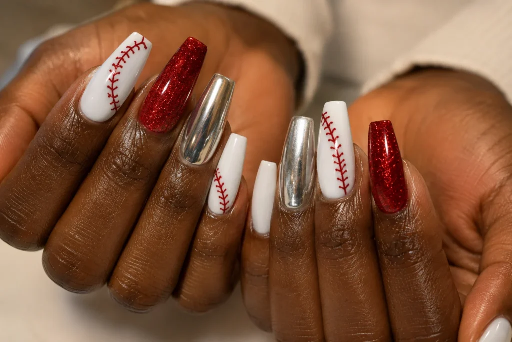 Mismatched baseball nail designs with stitches, stars and team colors