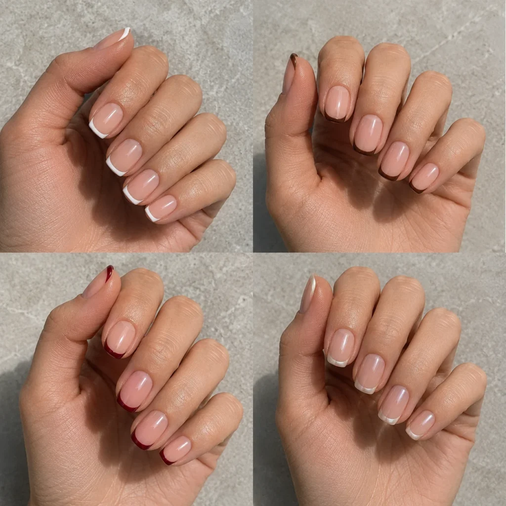 Modern classy French nail designs with white, brown, burgundy and pearl tips