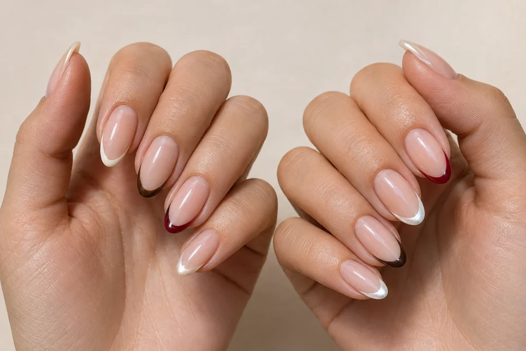 Modern classy French nail designs with white, brown, burgundy and pearl tips