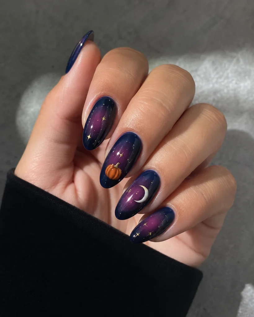 19+ Pumpkin Nails for a Chic and Playful Fall Manicure moonlit pumpkin halloween nails