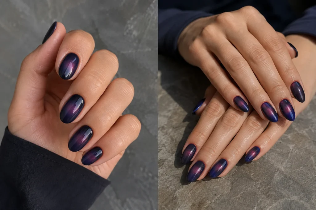 17 September Nail Ideas for a Stylish Start to Fall Navy nails with softly blended plum aura centers