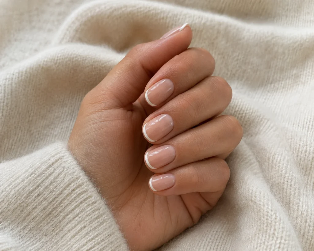 17+ Old Money Nails That Make Quiet Luxury Look Effortless Short oval old money nails with sheer nude polish and thin ivory French tips.