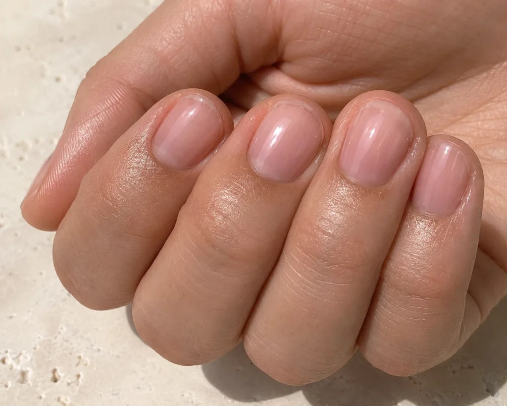 17+ Old Money Nails That Make Quiet Luxury Look Effortless Short natural soap nails with translucent pink polish and a wet-look shine.