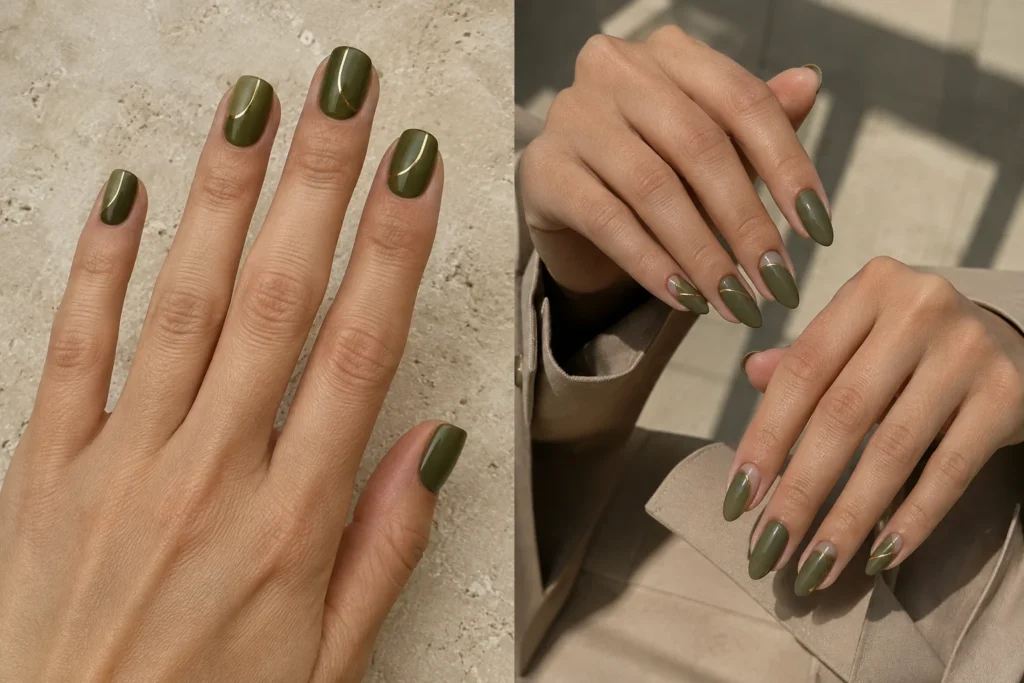 17 September Nail Ideas for a Stylish Start to Fall Olive-green nails with delicate gold lines