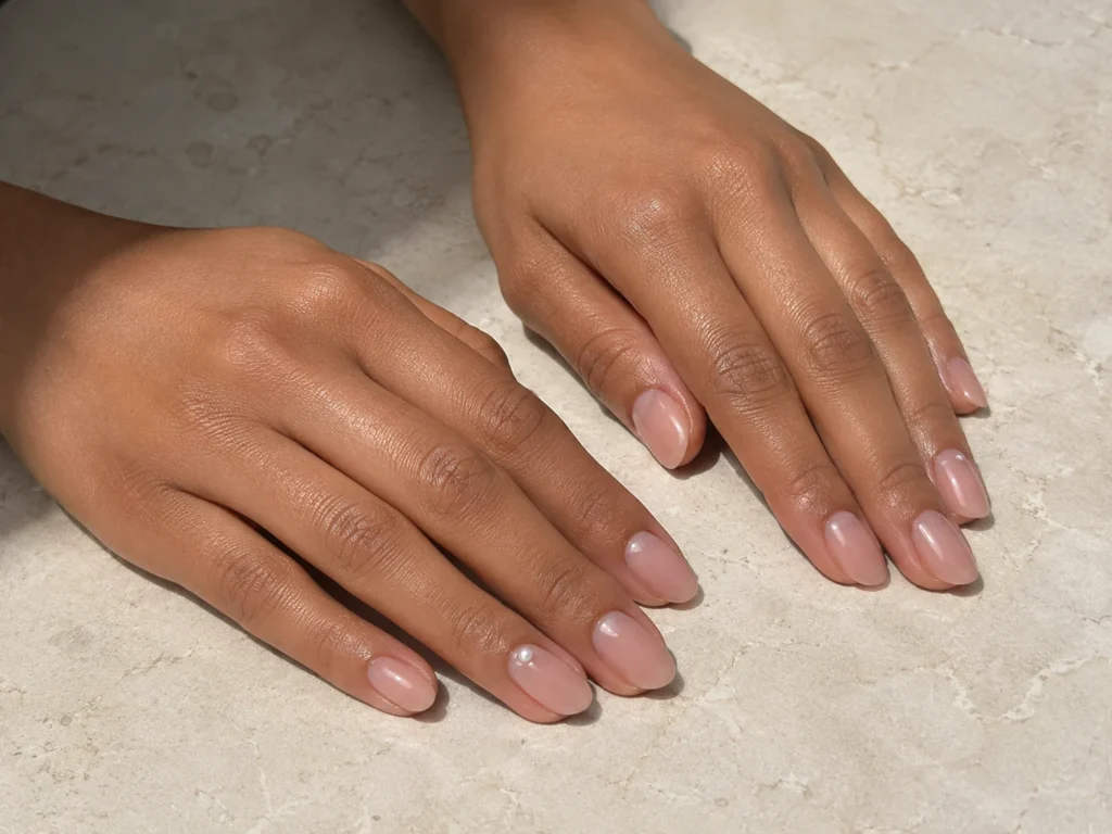 17+ Old Money Nails That Make Quiet Luxury Look Effortless Sheer nude old money nails with one miniature pearl accent.