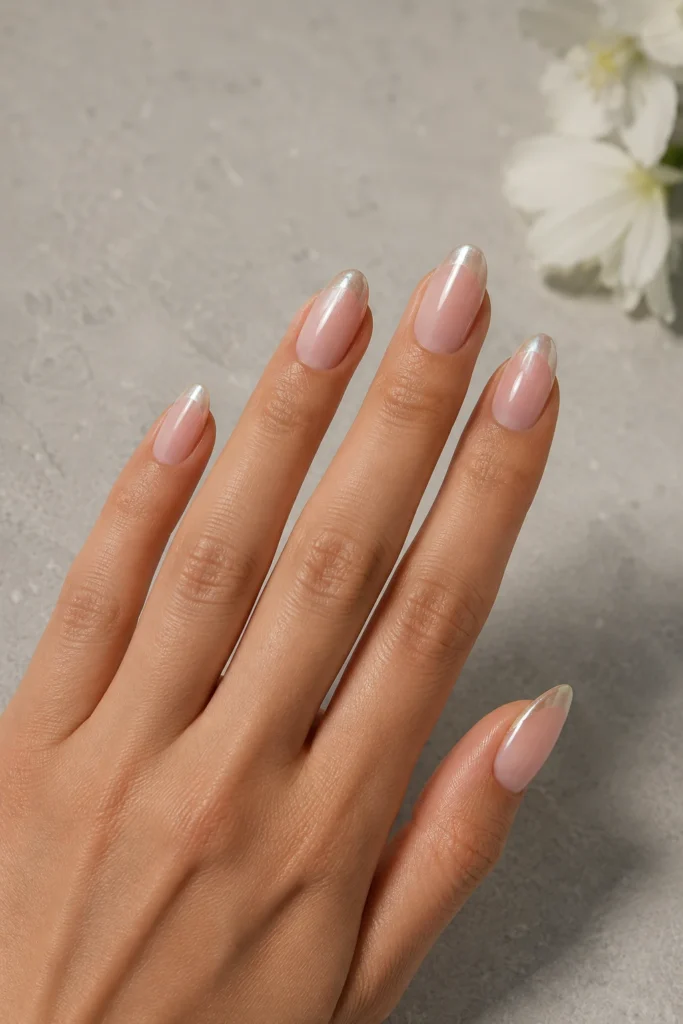 17+ Wedding Nails That Feel Elegant, Personal and Picture-Perfect Modern pearl-chrome French wedding nails on almond nails