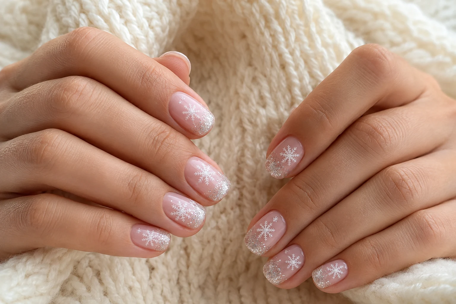 15+ Snowflake Nail Designs for an Elegant Winter Manicure Short blush-pink nails with white snowflakes and silver-glitter tips