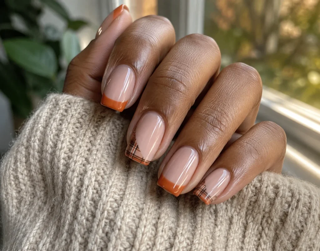 19+ Burnt Orange Nail Designs for a Rich, Modern Manicure Burnt orange fall nail designs with fine plaid accents