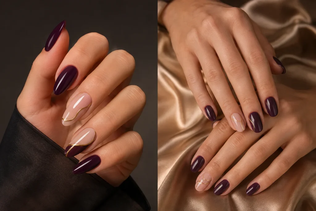 17 September Nail Ideas for a Stylish Start to Fall Deep plum nails with delicate champagne-gold curves
