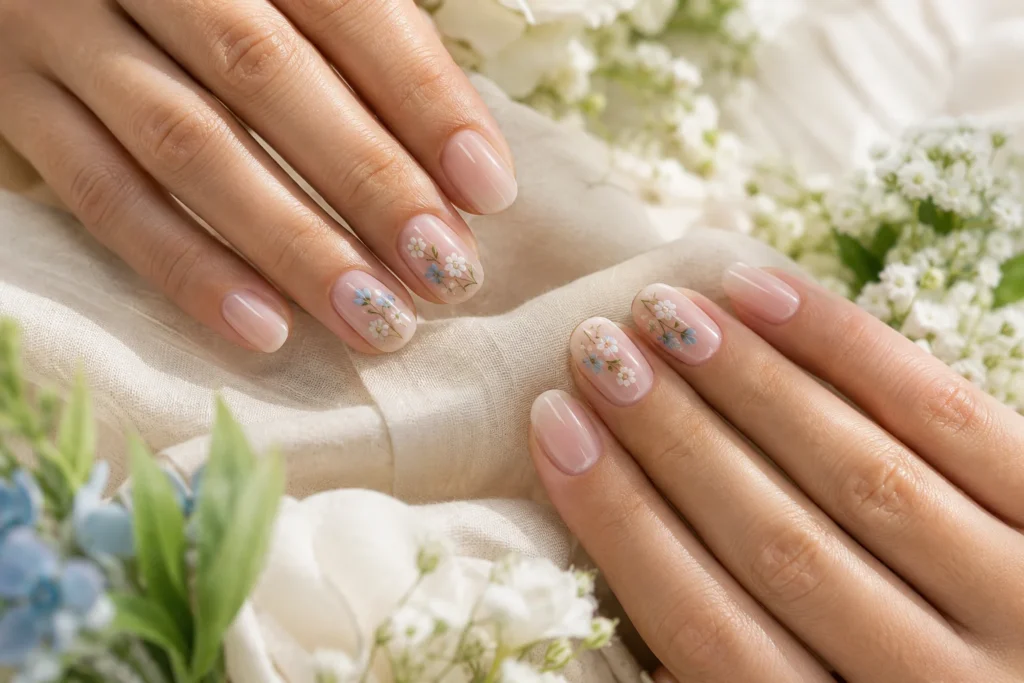 17+ Wedding Nails That Feel Elegant, Personal and Picture-Perfect Romantic wedding nails with tiny white and pale blue flowers