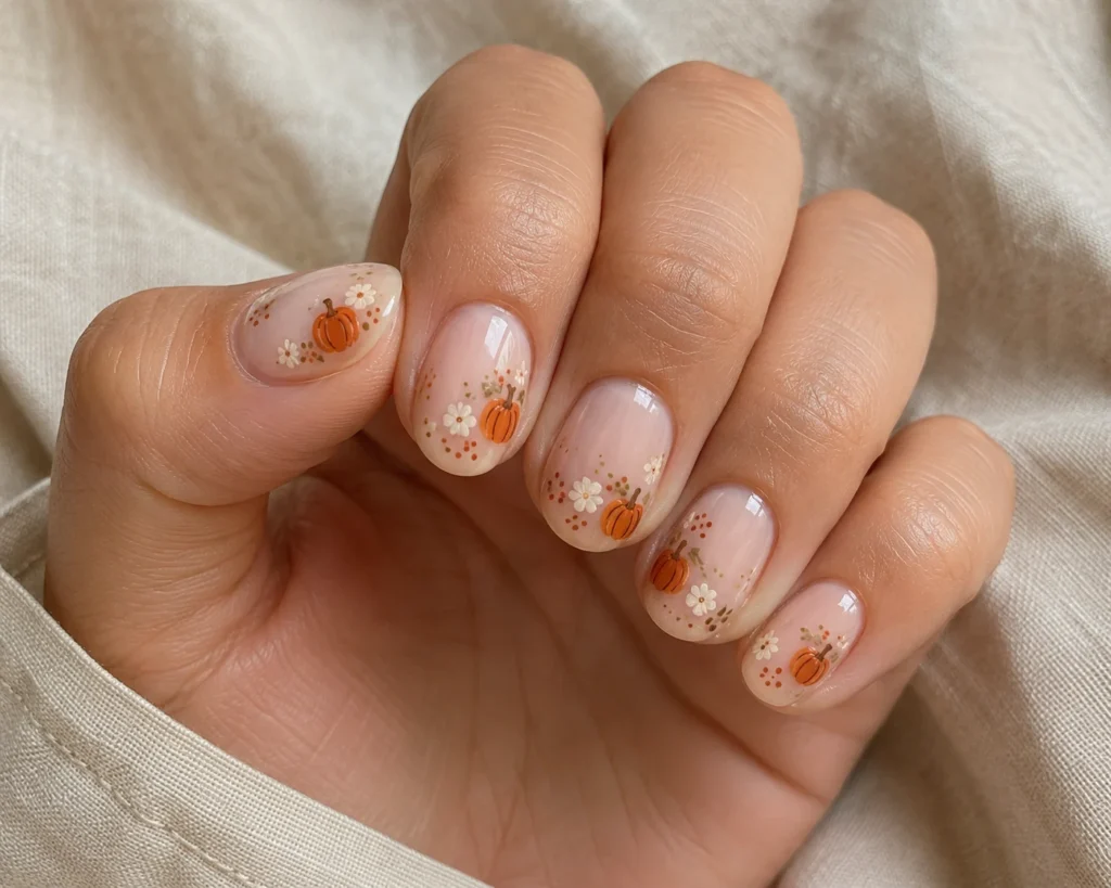 19+ Pumpkin Nails for a Chic and Playful Fall Manicure pumpkin daisy dot nails