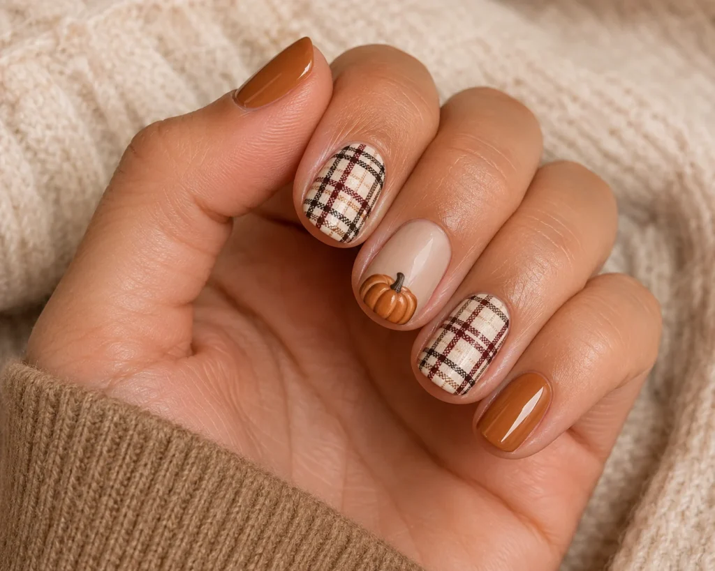 19+ Pumpkin Nails for a Chic and Playful Fall Manicure pumpkin plaid fall nails