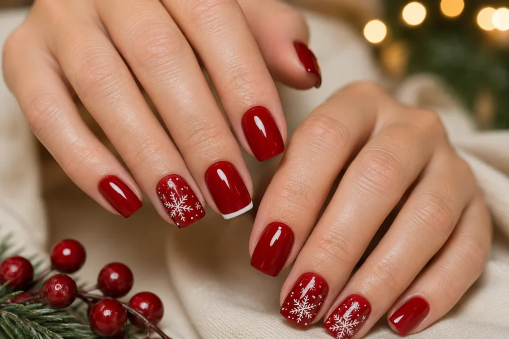 Glossy red Christmas nails with detailed white snowflakes