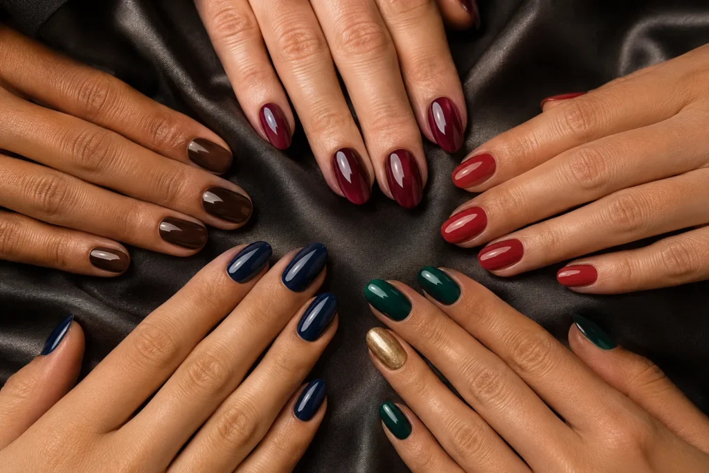 Classy nail designs in burgundy, chocolate brown, red, navy and emerald green