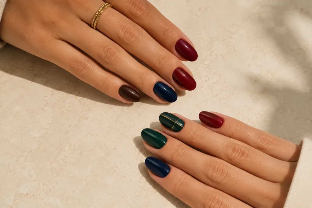 Classy nail designs in burgundy, chocolate brown, red, navy and emerald green