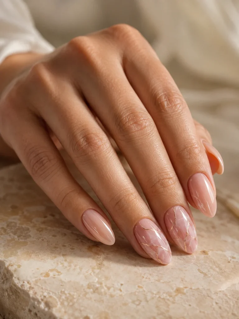17+ Wedding Nails That Feel Elegant, Personal and Picture-Perfect Rose-quartz wedding nails with delicate white marble veining
