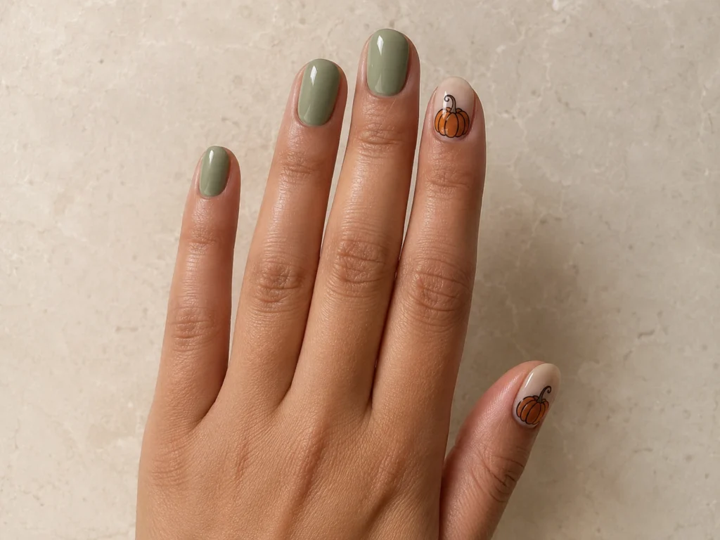19+ Pumpkin Nails for a Chic and Playful Fall Manicure sage green orange pumpkin nails