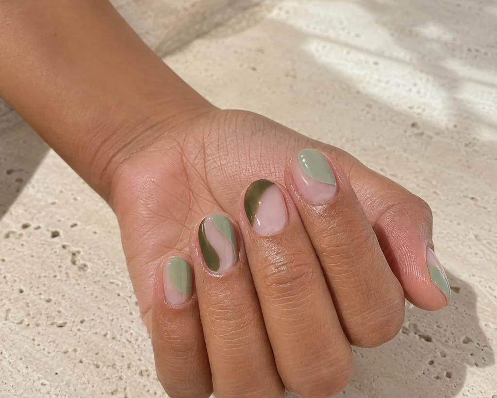 17+ Summer to Fall Transition Nails for the Perfect Seasonal Balance Sage and olive color-block transition nails over a sheer nude base