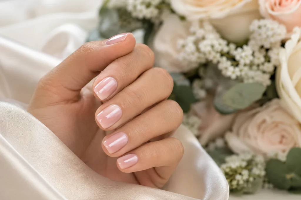 17+ Wedding Nails That Feel Elegant, Personal and Picture-Perfect Sheer blush wedding nails on short squoval nails