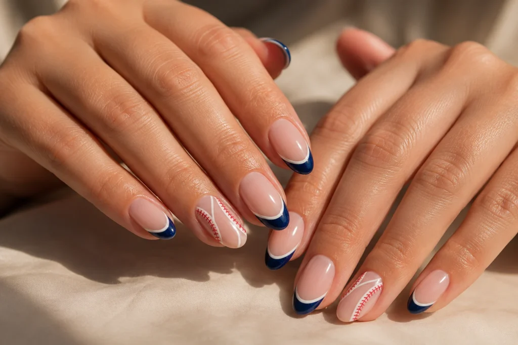 Short squoval baseball nails with red stitching