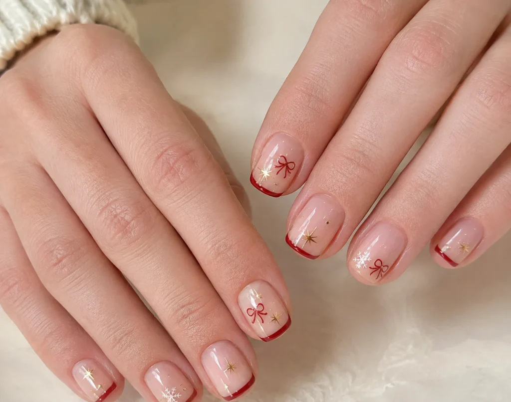 25 Christmas Nail Design That Feel Festive, Chic, and Beautiful Short minimalist Christmas nails with tiny festive details