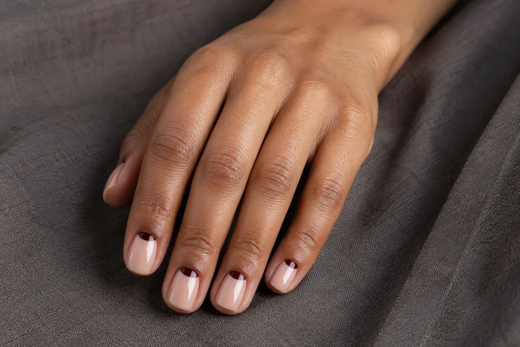 Reverse-French manicure with consistent, narrow red-burgundy half-moons.