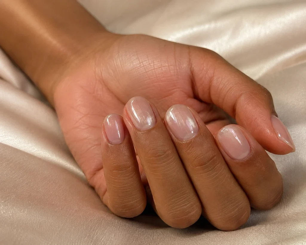 Short oval nails with a sheer pink base and champagne pearl glaze