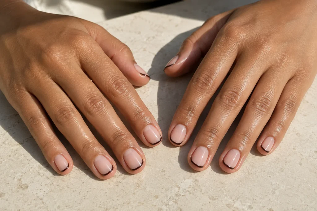 Short nail designs with sheer beige bases and chocolate-brown French tips