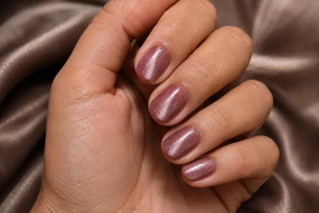 Short nail designs in dusty rose with a soft magnetic velvet finish