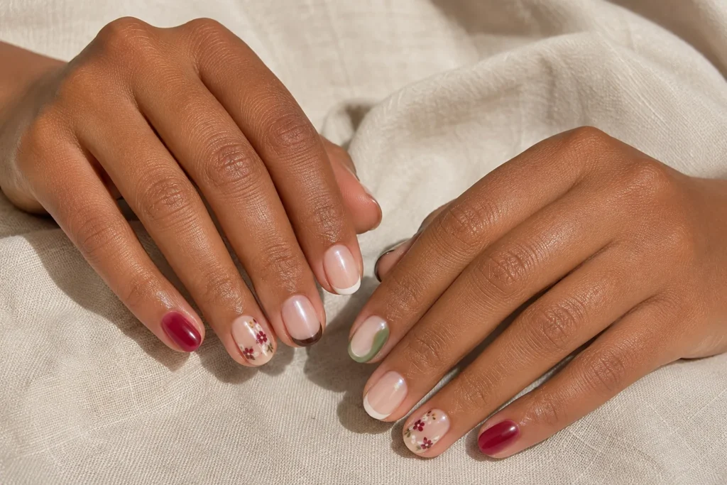 Short nail designs featuring micro-French tips, jelly polish, florals, and pearl finishes
